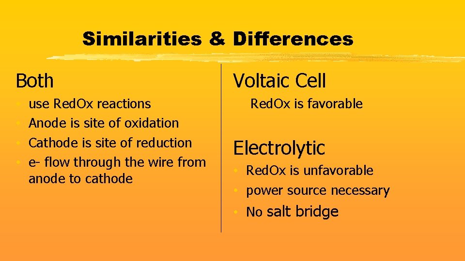 Similarities & Differences Both • • use Red. Ox reactions Anode is site of