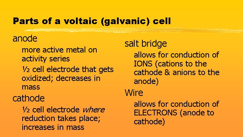 Parts of a voltaic (galvanic) cell anode more active metal on activity series ½