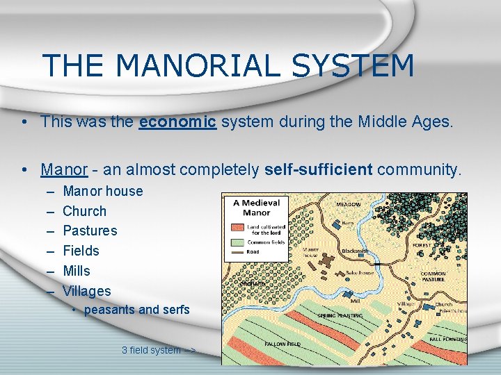 THE MANORIAL SYSTEM • This was the economic system during the Middle Ages. •
