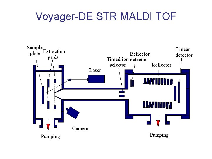 Voyager-DE STR MALDI TOF Sample plate Extraction grids Laser Reflector Timed ion detector selector