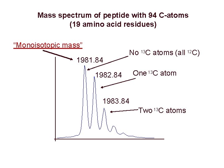 Mass spectrum of peptide with 94 C-atoms (19 amino acid residues) “Monoisotopic mass” 1981.