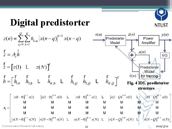 Digital predistorter Fig. 4 IDL predistorter structure Communication Research Laboratory 12 2021/3/12 