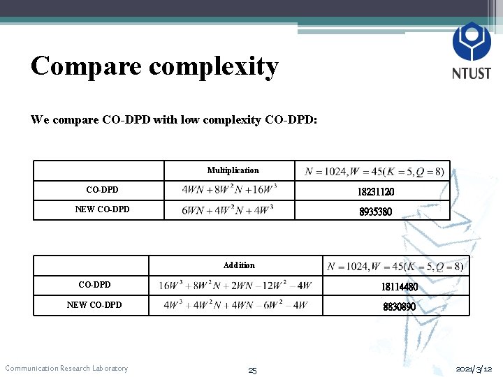 Compare complexity We compare CO-DPD with low complexity CO-DPD: Multiplication CO-DPD 18231120 NEW CO-DPD
