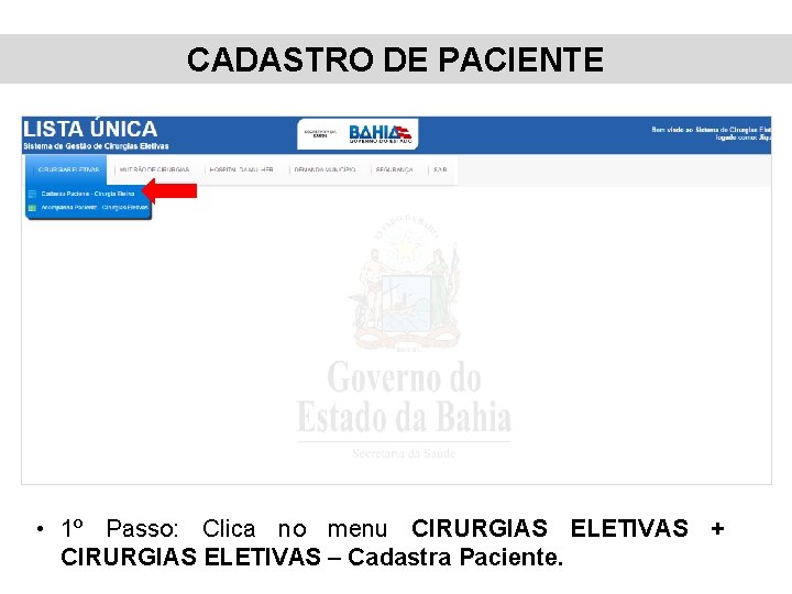 CADASTRO DE PACIENTE • 1º Passo: Clica no menu CIRURGIAS ELETIVAS + CIRURGIAS ELETIVAS