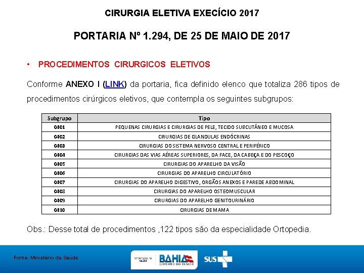 CIRURGIA ELETIVA EXECÍCIO 2017 PORTARIA Nº 1. 294, DE 25 DE MAIO DE 2017