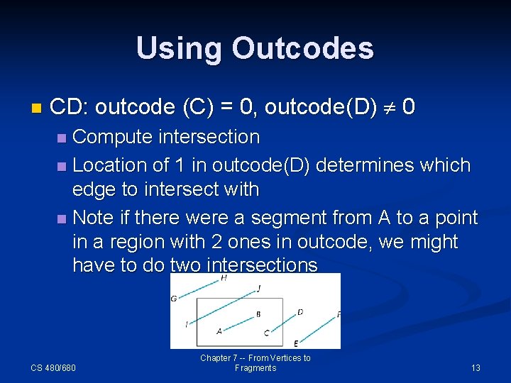 Using Outcodes n CD: outcode (C) = 0, outcode(D) 0 Compute intersection n Location