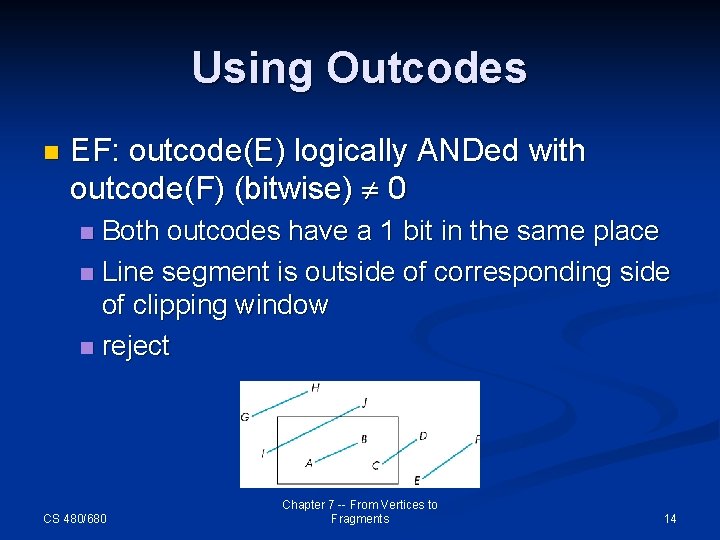 Using Outcodes n EF: outcode(E) logically ANDed with outcode(F) (bitwise) 0 Both outcodes have
