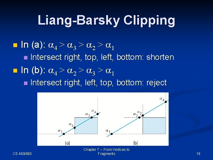 Liang-Barsky Clipping n In (a): a 4 > a 3 > a 2 >