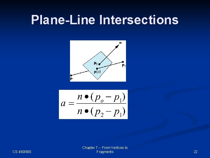 Plane-Line Intersections CS 480/680 Chapter 7 -- From Vertices to Fragments 22 