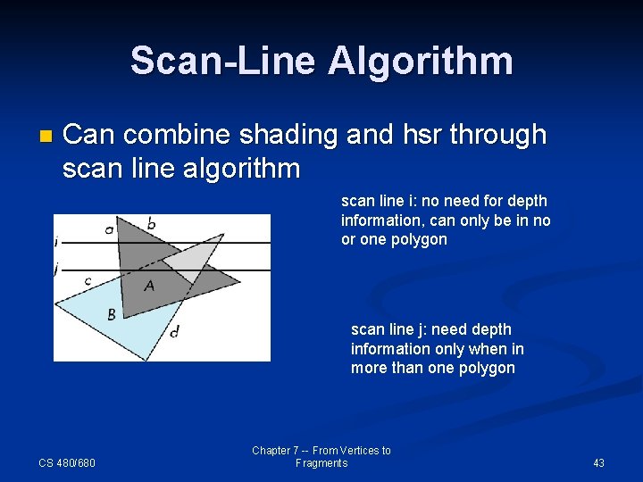 Scan-Line Algorithm n Can combine shading and hsr through scan line algorithm scan line