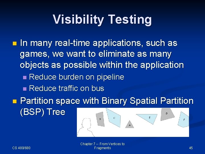 Visibility Testing n In many real-time applications, such as games, we want to eliminate