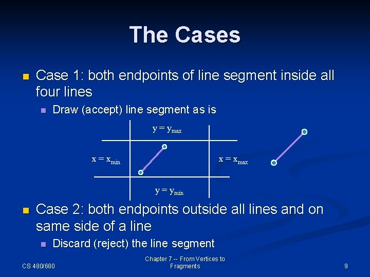 The Cases n Case 1: both endpoints of line segment inside all four lines