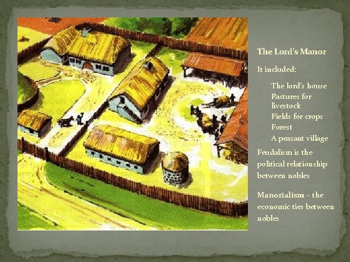 The Lord’s Manor It included: The lord’s house Pastures for livestock Fields for crops