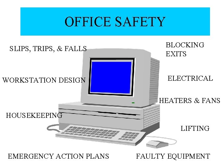 OFFICE SAFETY SLIPS, TRIPS, & FALLS WORKSTATION DESIGN BLOCKING EXITS ELECTRICAL HEATERS & FANS