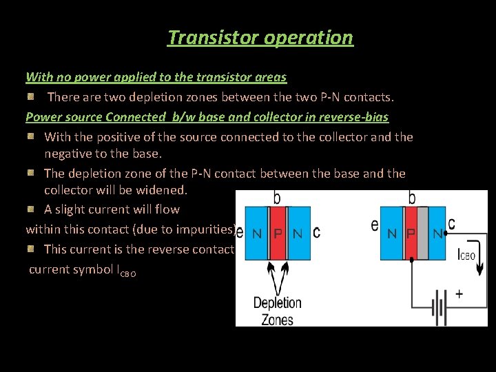 Transistor operation With no power applied to the transistor areas There are two depletion