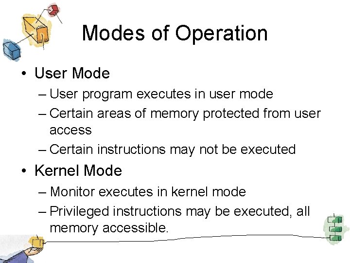 Modes of Operation • User Mode – User program executes in user mode –