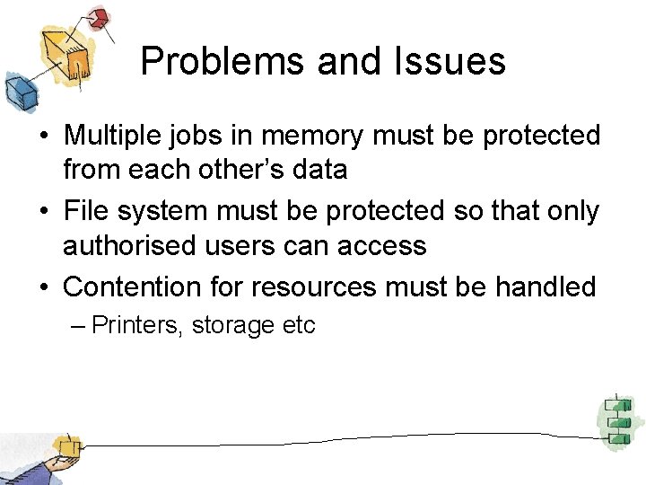 Problems and Issues • Multiple jobs in memory must be protected from each other’s