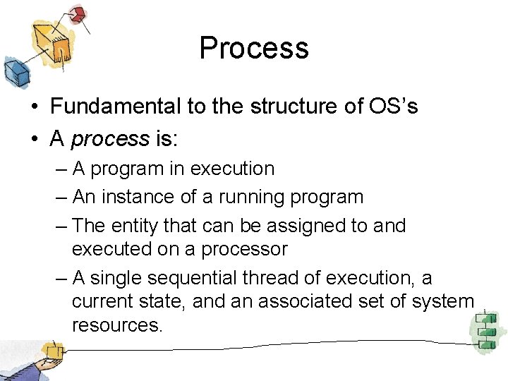 Process • Fundamental to the structure of OS’s • A process is: – A