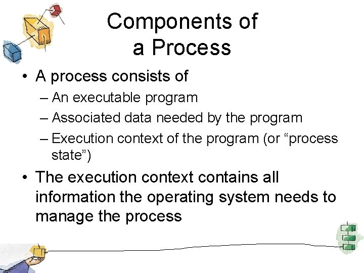Components of a Process • A process consists of – An executable program –