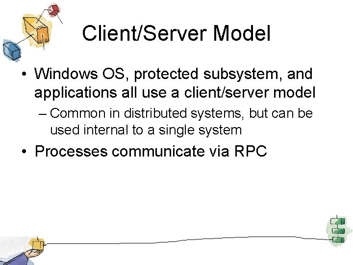 Client/Server Model • Windows OS, protected subsystem, and applications all use a client/server model