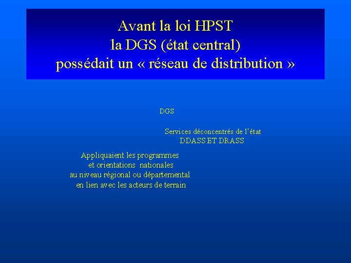 Avant la loi HPST la DGS (état central) possédait un « réseau de distribution