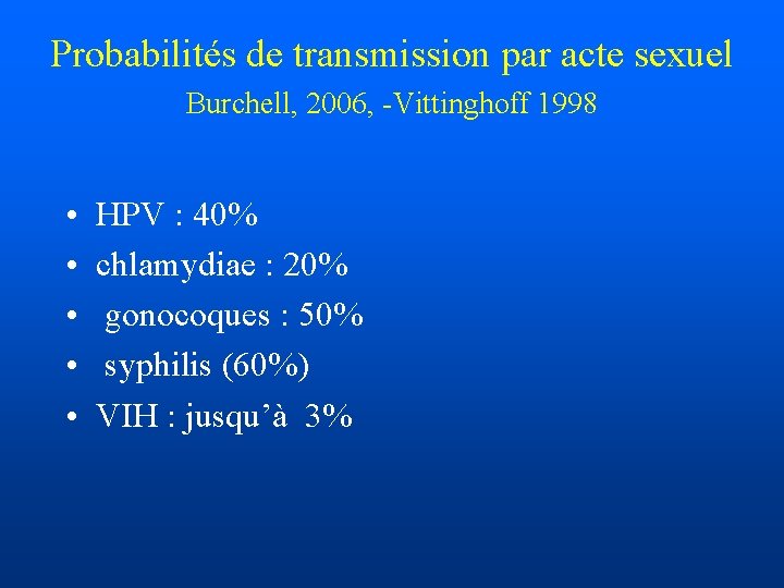 Probabilités de transmission par acte sexuel Burchell, 2006, -Vittinghoff 1998 • • • HPV
