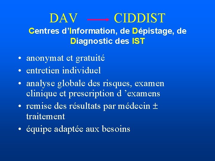 DAV CIDDIST Centres d’Information, de Dépistage, de Diagnostic des IST • anonymat et gratuité