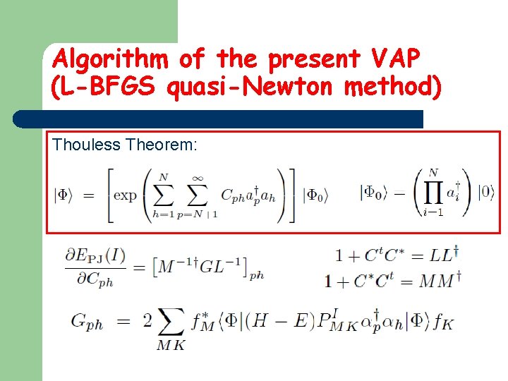 Algorithm of the present VAP (L-BFGS quasi-Newton method) Thouless Theorem: 
