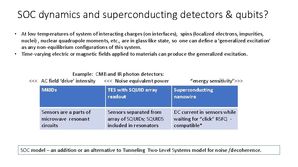 SOC dynamics and superconducting detectors & qubits? • At low temperatures of system of