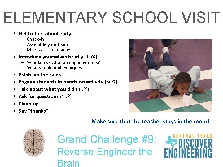 ELEMENTARY SCHOOL VISIT • Get to the school early – Check-in – Assemble your