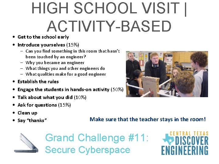 HIGH SCHOOL VISIT | ACTIVITY-BASED • Get to the school early • Introduce yourselves