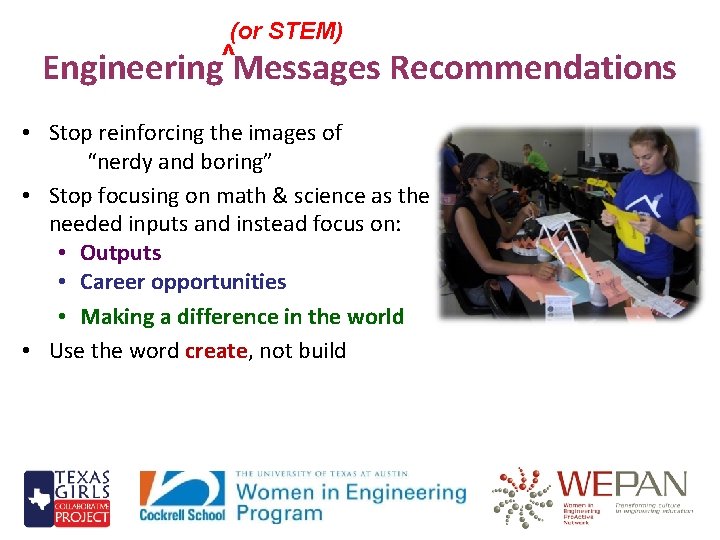 (or STEM) ^ Engineering Messages Recommendations • Stop reinforcing the images of “nerdy and