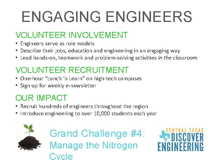 ENGAGING ENGINEERS VOLUNTEER INVOLVEMENT • Engineers serve as role models • Describe their jobs,