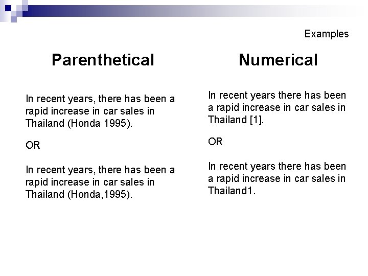 Examples Parenthetical Numerical In recent years, there has been a rapid increase in car