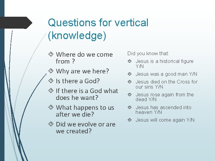 Questions for vertical (knowledge) Where do we come from ? Why are we here? Questions for vertical (knowledge) Where do we come from ? Why are we here?