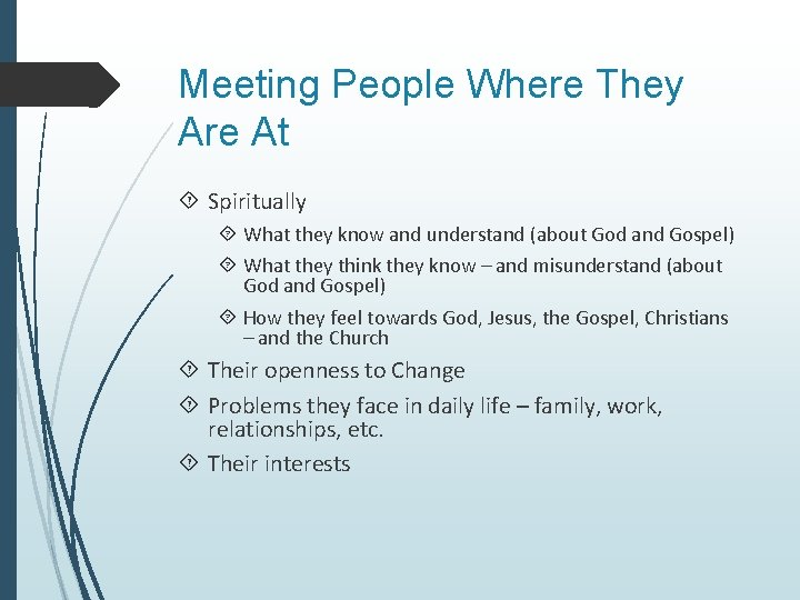 Meeting People Where They Are At Spiritually What they know and understand (about God Meeting People Where They Are At Spiritually What they know and understand (about God