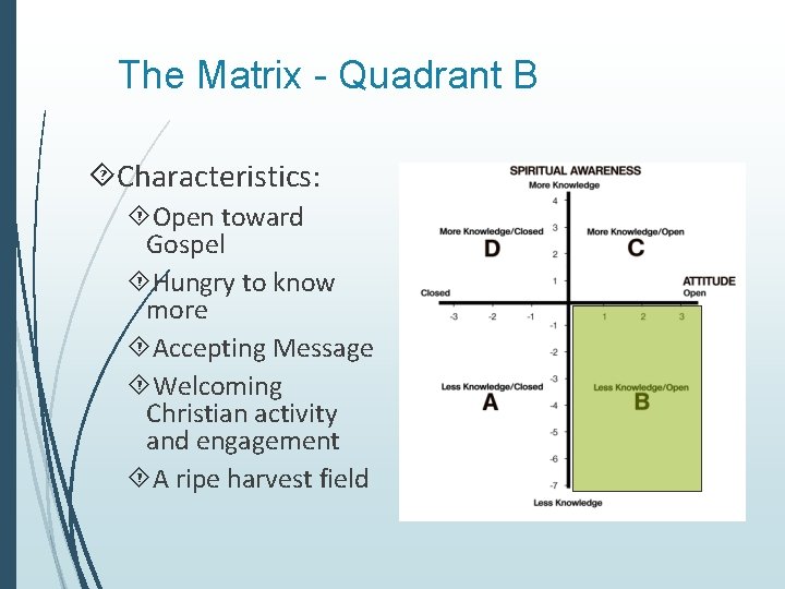 The Matrix - Quadrant B Characteristics: Open toward Gospel Hungry to know more Accepting The Matrix - Quadrant B Characteristics: Open toward Gospel Hungry to know more Accepting