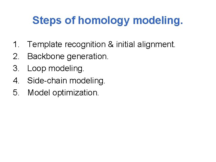 Steps of homology modeling. 1. 2. 3. 4. 5. Template recognition & initial alignment.