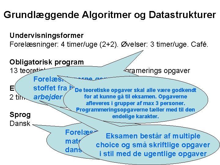 Grundlæggende Algoritmer og Datastrukturer Undervisningsformer Forelæsninger: 4 timer/uge (2+2). Øvelser: 3 timer/uge. Café. Obligatorisk