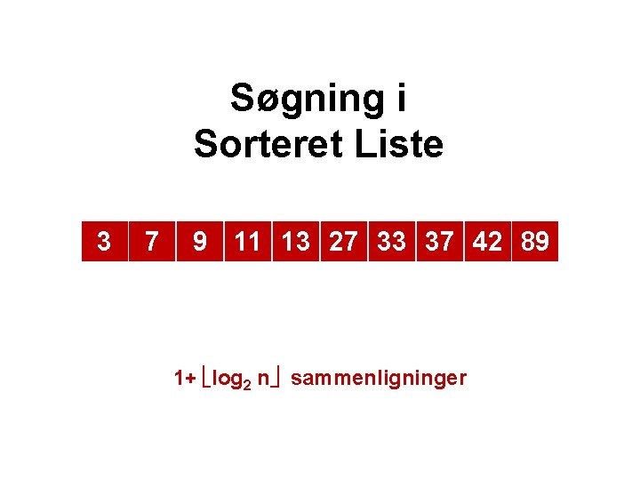 Søgning i Sorteret Liste 3 7 9 11 13 27 33 37 42 89