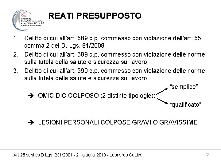 REATI PRESUPPOSTO 1. Delitto di cui all’art. 589 c. p. commesso con violazione dell’art.