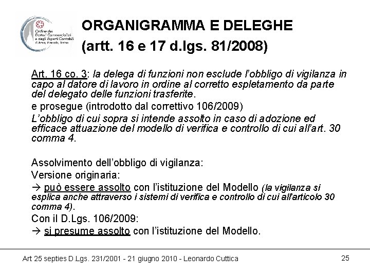 ORGANIGRAMMA E DELEGHE (artt. 16 e 17 d. lgs. 81/2008) Art. 16 co. 3: