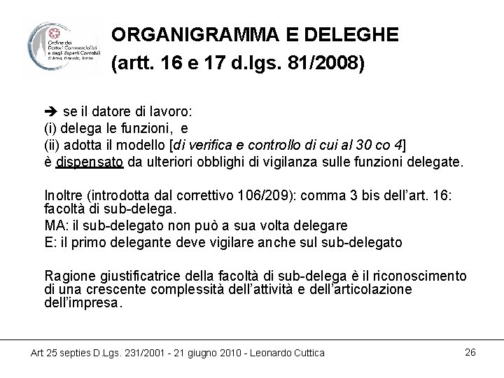 ORGANIGRAMMA E DELEGHE (artt. 16 e 17 d. lgs. 81/2008) se il datore di