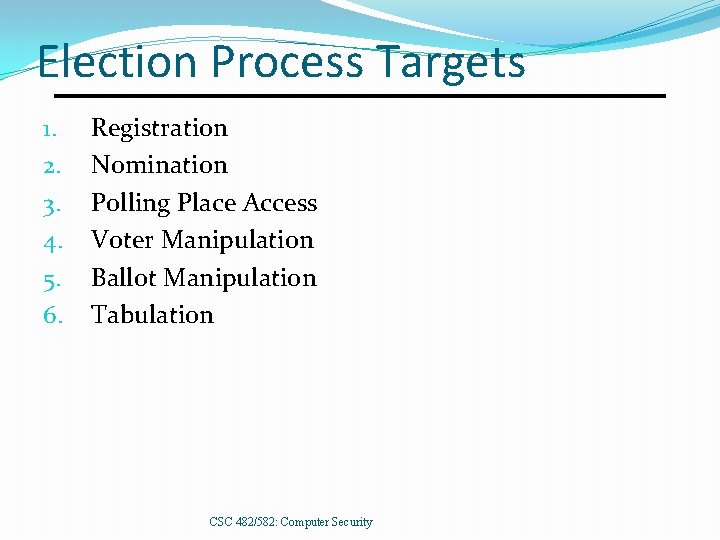 Election Process Targets 1. 2. 3. 4. 5. 6. Registration Nomination Polling Place Access