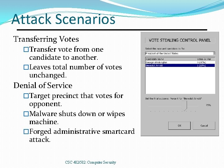 Attack Scenarios Transferring Votes �Transfer vote from one candidate to another. �Leaves total number