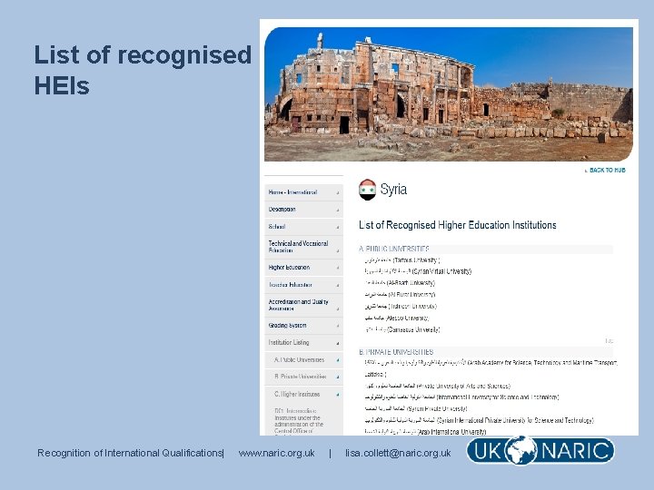 List of recognised HEIs Recognition of International Qualifications| www. naric. org. uk | lisa.