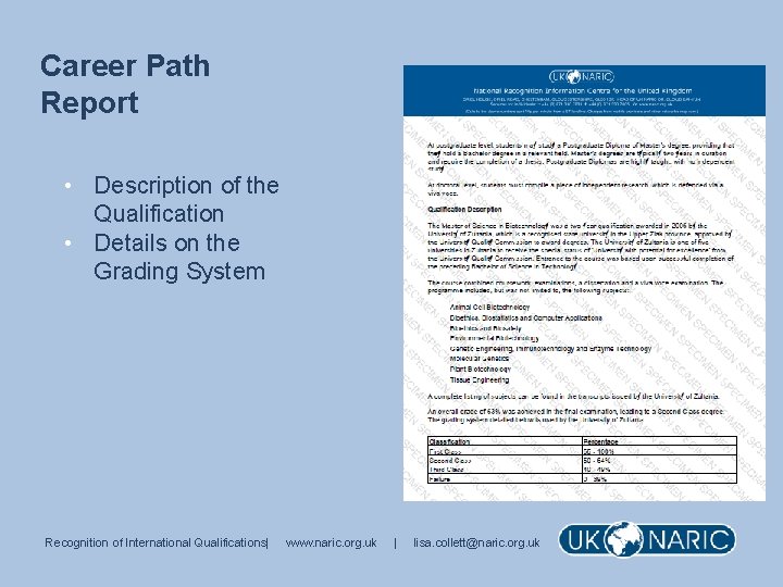 Career Path Report • Description of the Qualification • Details on the Grading System