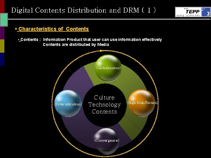 Digital Contents Distribution and DRM ( 1 ) § Characteristics of Contents • Contents