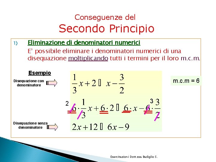 Conseguenze del Secondo Principio 1) Eliminazione di denominatori numerici E’ possibile eliminare i denominatori
