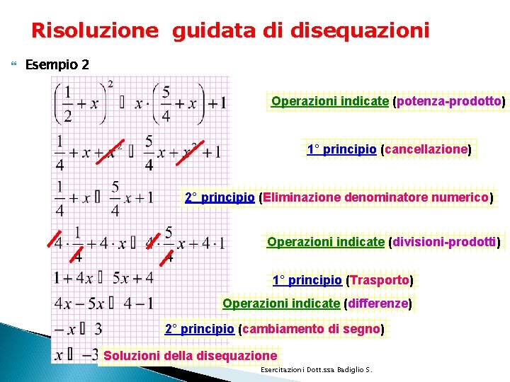 Risoluzione guidata di disequazioni Esempio 2 Operazioni indicate (potenza-prodotto) 1° principio (cancellazione) 2° principio